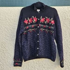 vintage Talbots wool blend black blue floral winter sweater XL